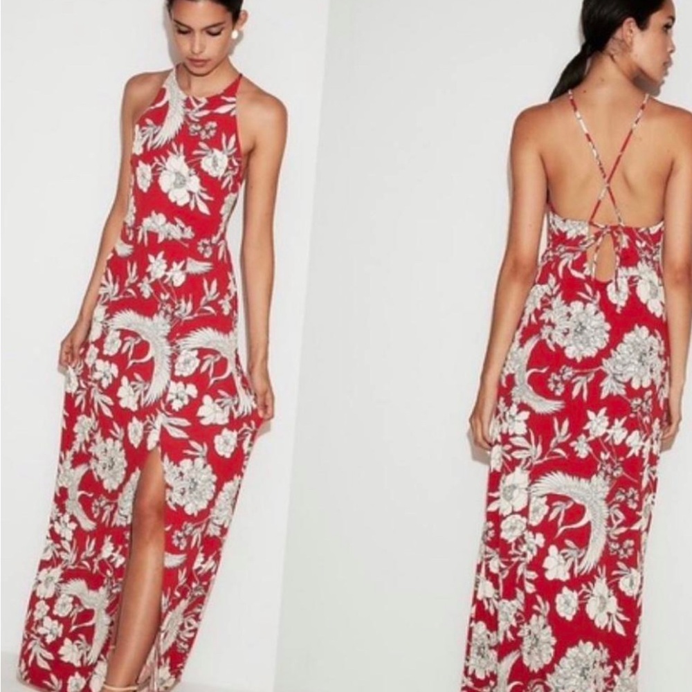 NWT 🍒 Express Red Floral and Crane Maxi Dress
